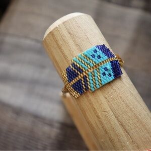 Miyuki seed Beaded feather Bracelet in Blue and Gold